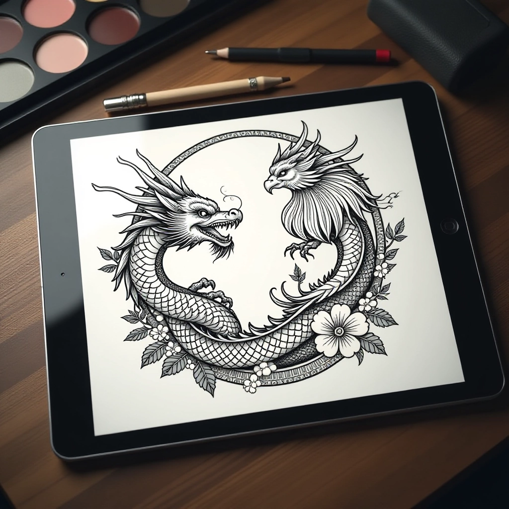 Diseño de fénix con un dragón fusionados en un diseño de un tatuaje japonés